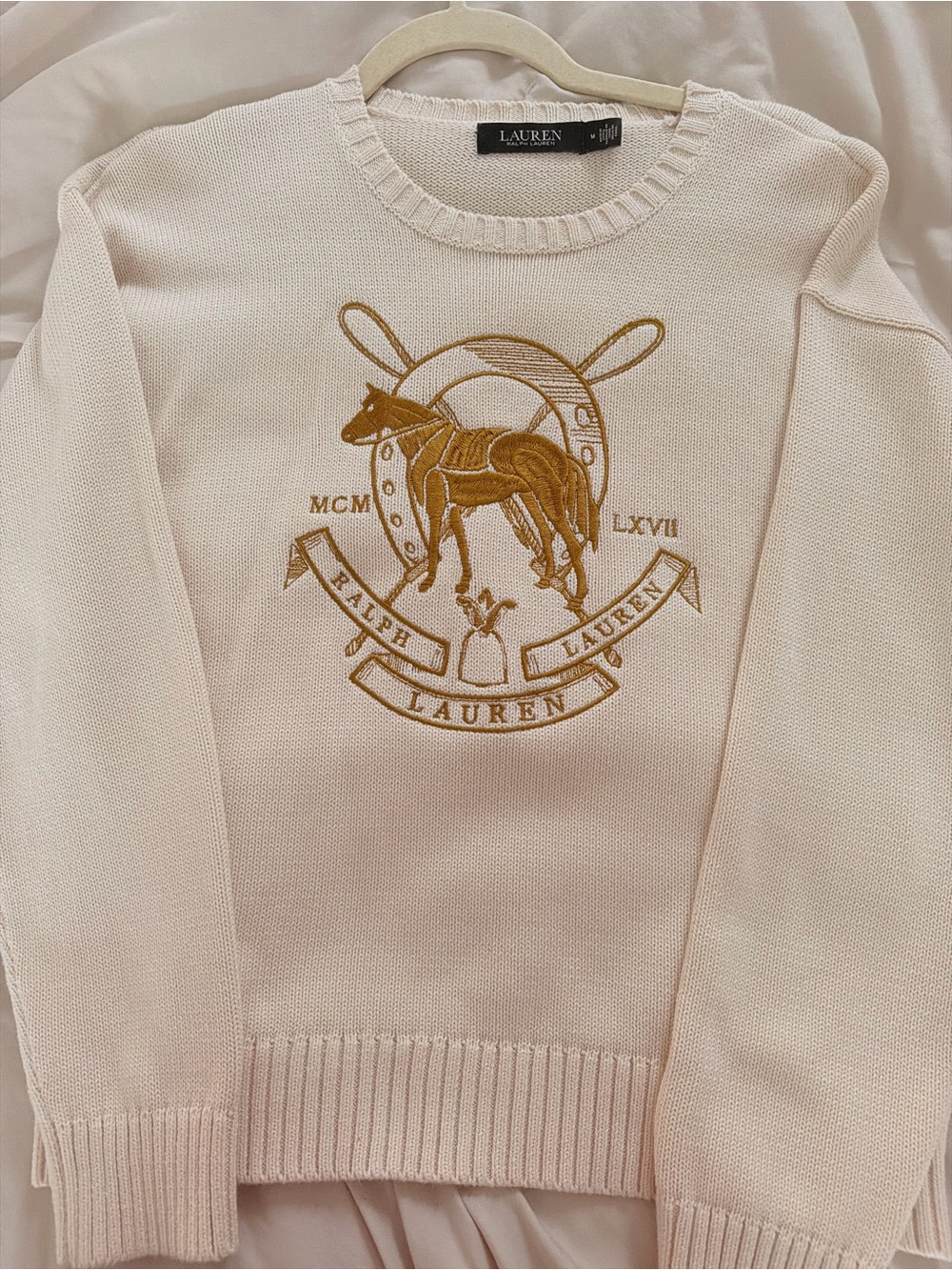 Ralph Lauren Cream Crewneck Sweater with Gold Crest